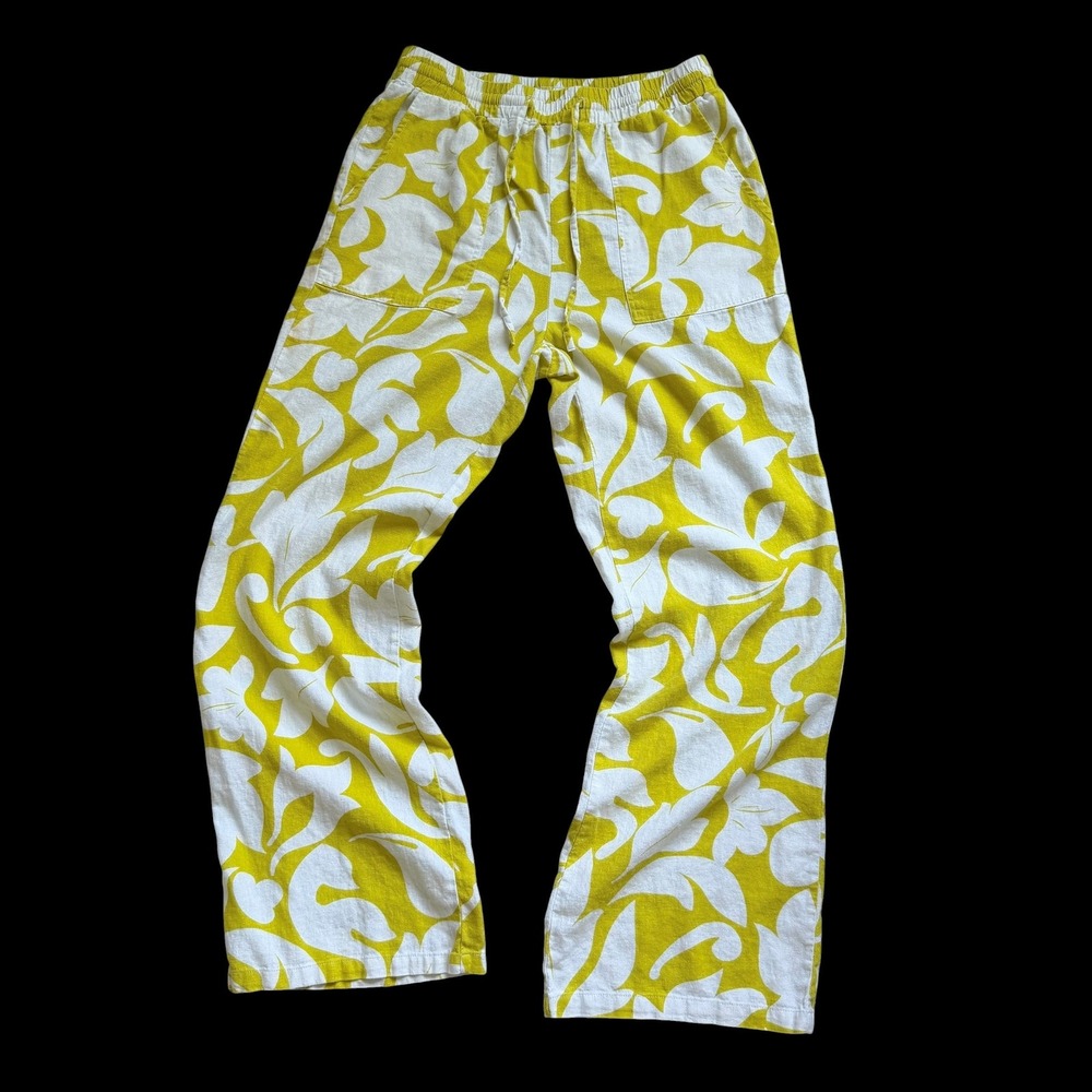Happily Grey Yellow White Palazzo Linen Blend Drawstring Pants Sz Medium